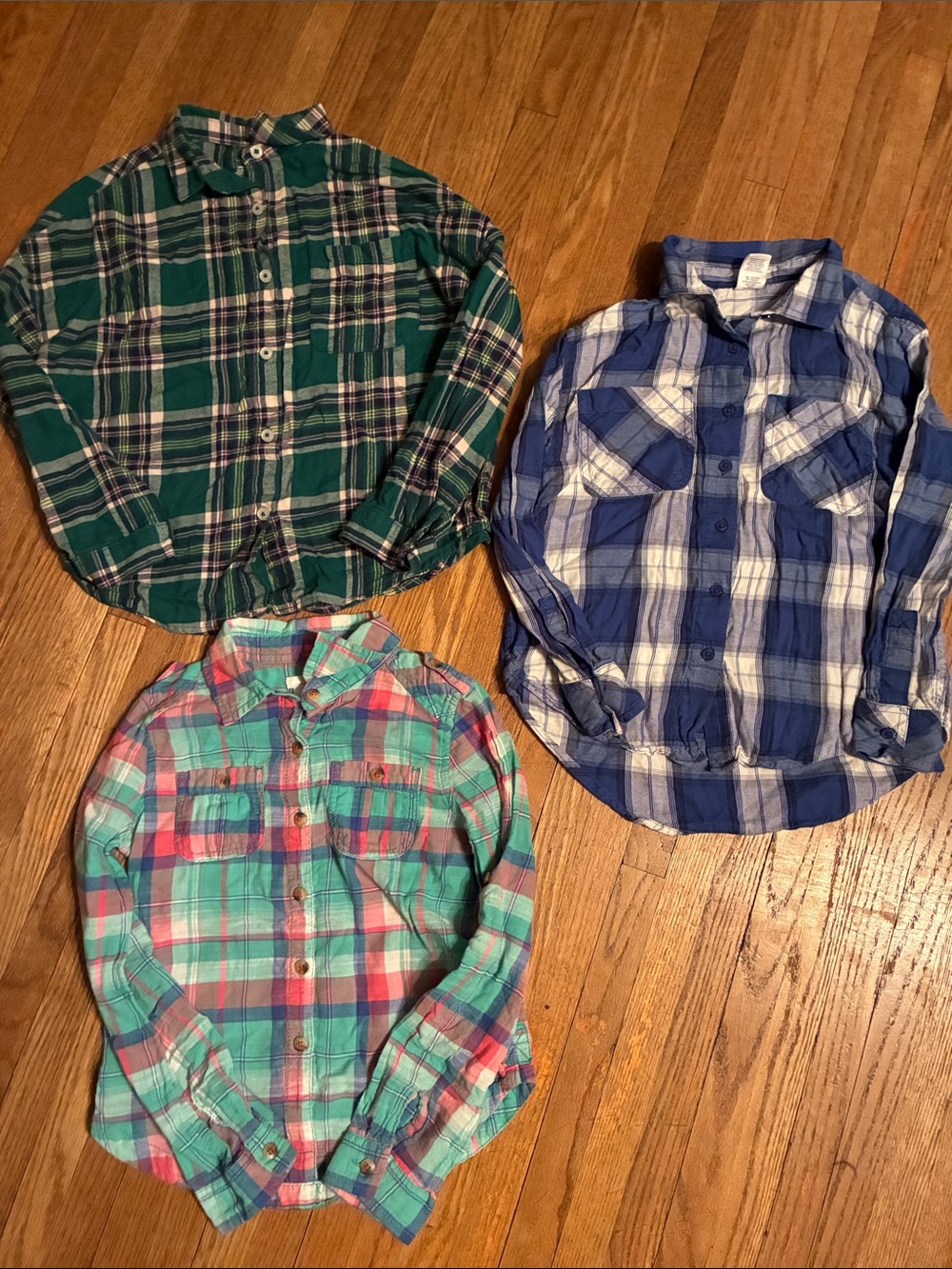 Kids Size 7/8 Plaid Button-Down Shirts — Green, Blue & Teal/Pink